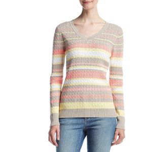 Studio Works Striped Baby Cable Knit V-Neck Sweater Coral Dawn Size Large NWT